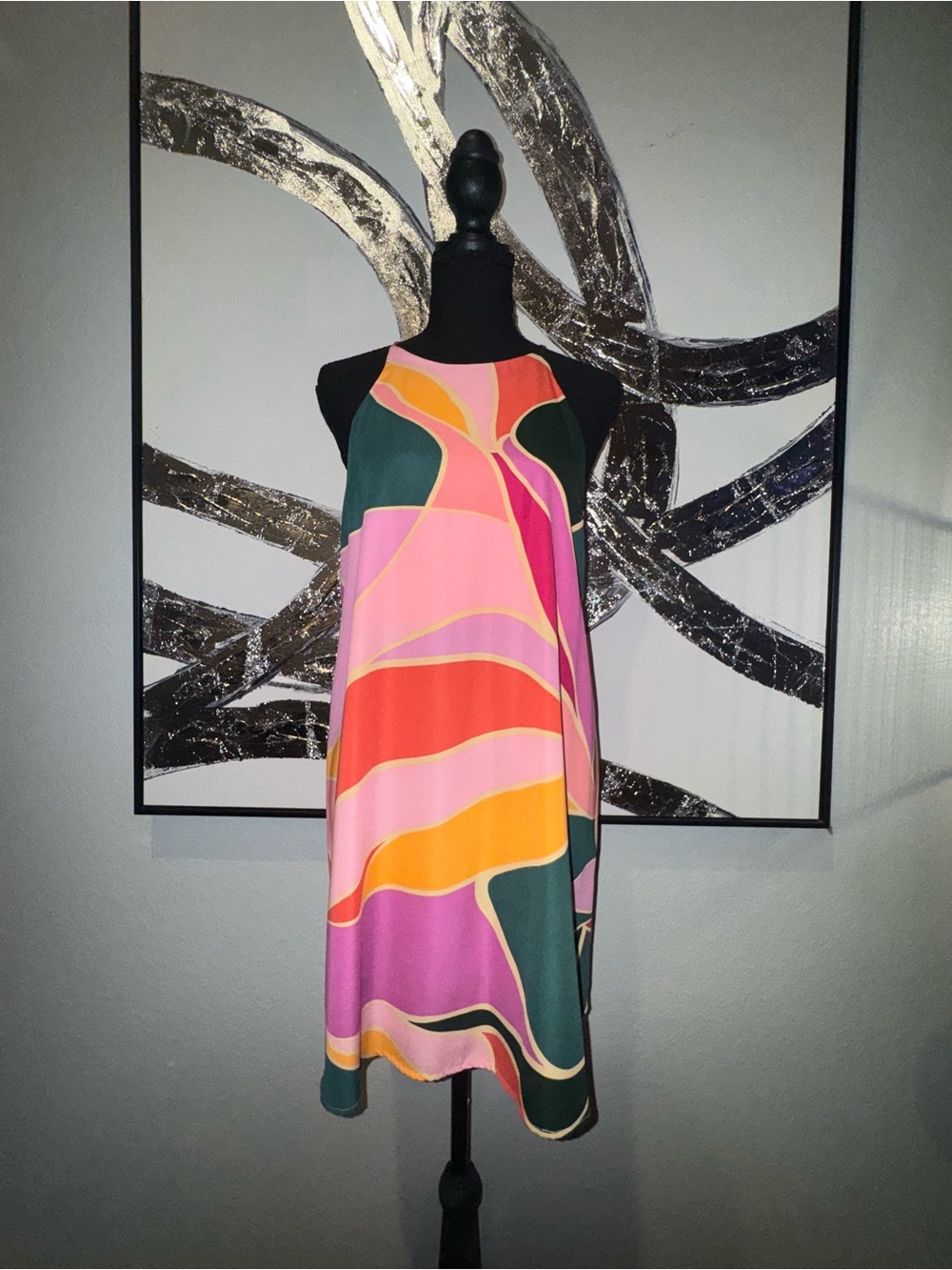Impressions Multicolor Curved Colorblock Dress — Green Pink Orange